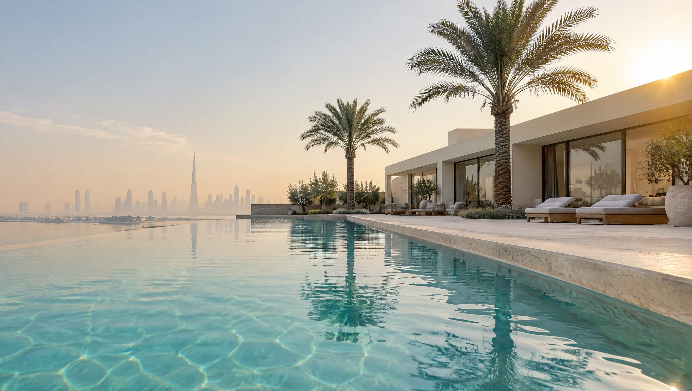 Villa pool in Dubai at sunrise