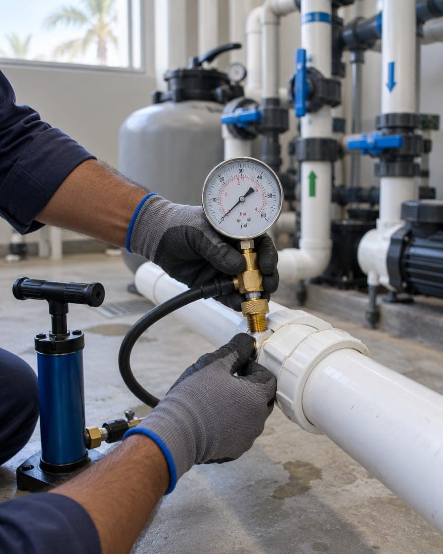 Technician connecting a pressure test gauge to a pool return line