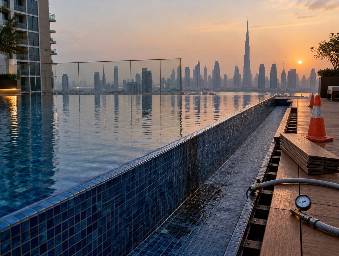Before: Tracing a leak in a rooftop overflow pool