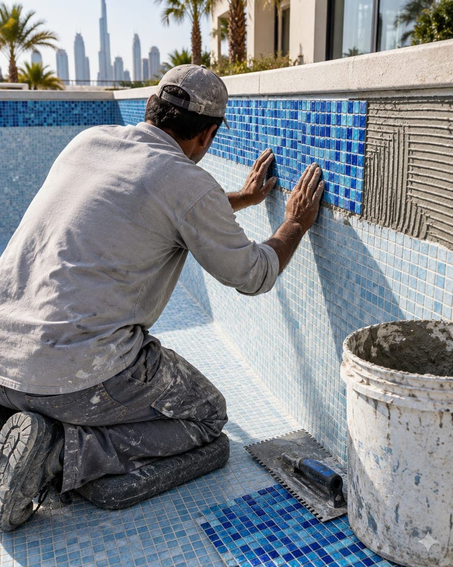 Fliesenleger verlegt Mosaik an der Wasserlinie eines entleerten Pools neu