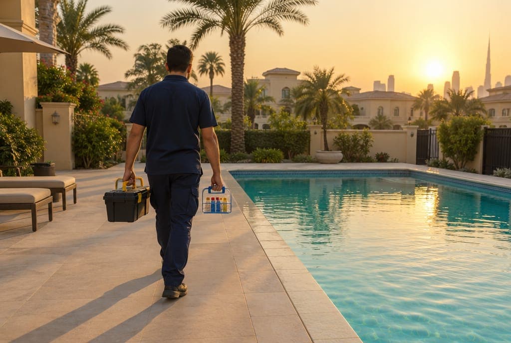 Pool specialist walking along a villa pool with a toolbox