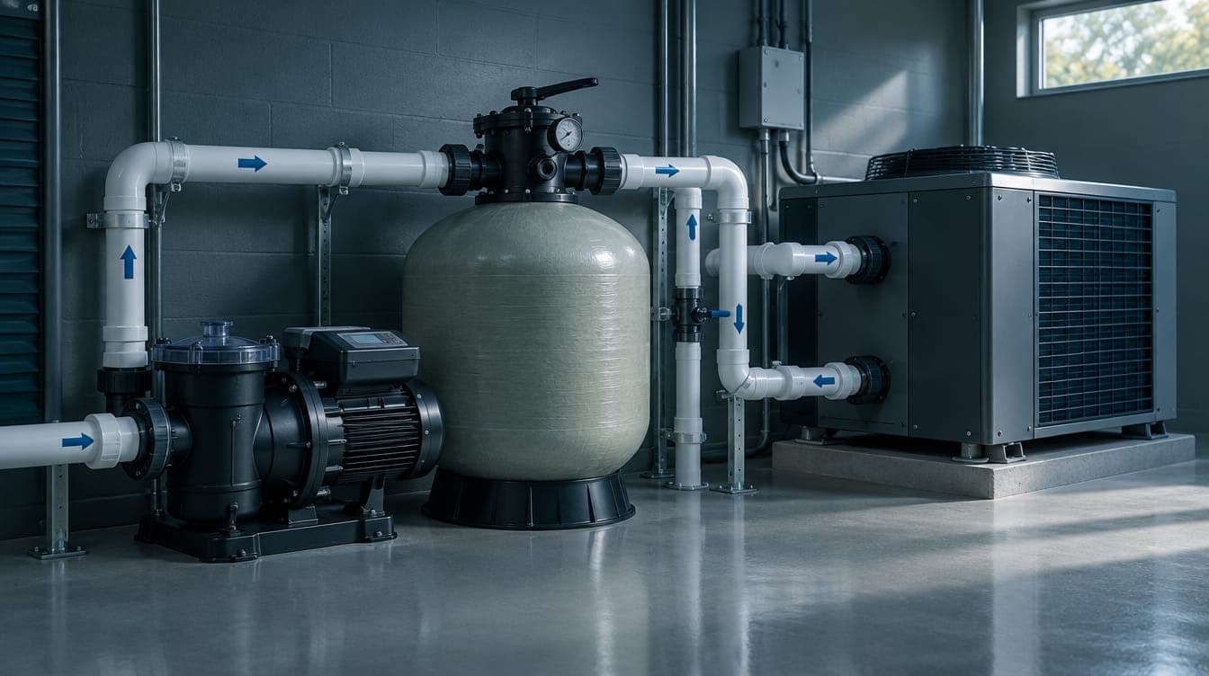Pool plant room with pump, sand filter and chiller